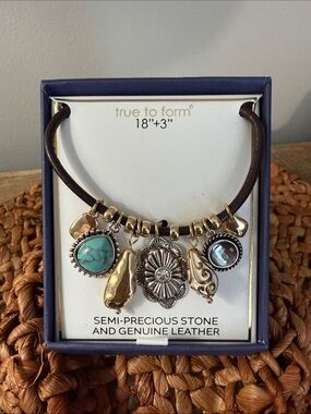 Turquoise and Gold Semi-Precious Stone Charm Necklace w Genuine Leather, NWT